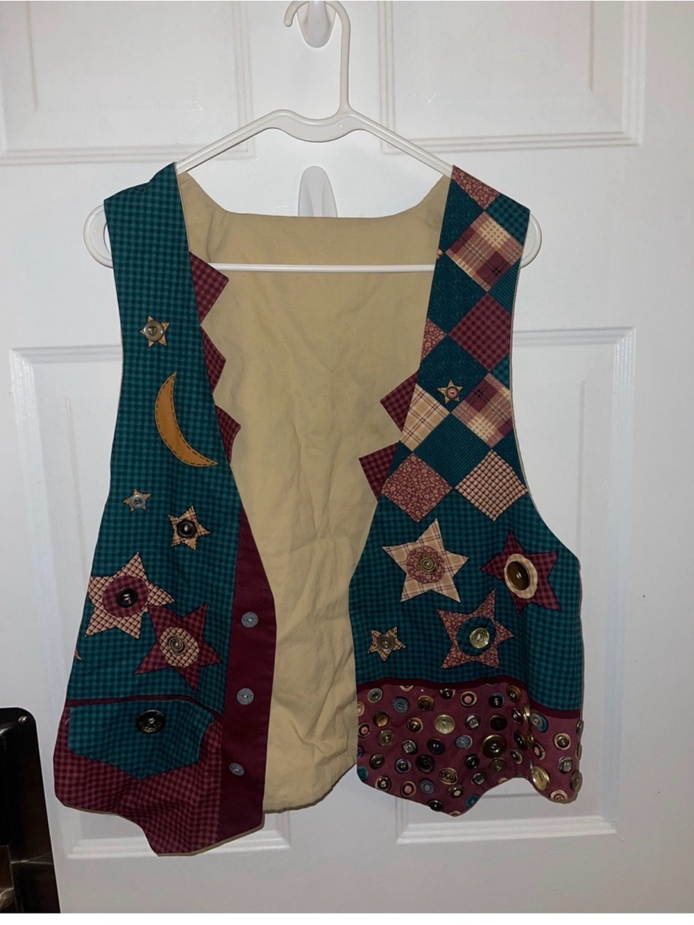 Vintage Handmade Primitive Patchwork Star & Moon Button Vest